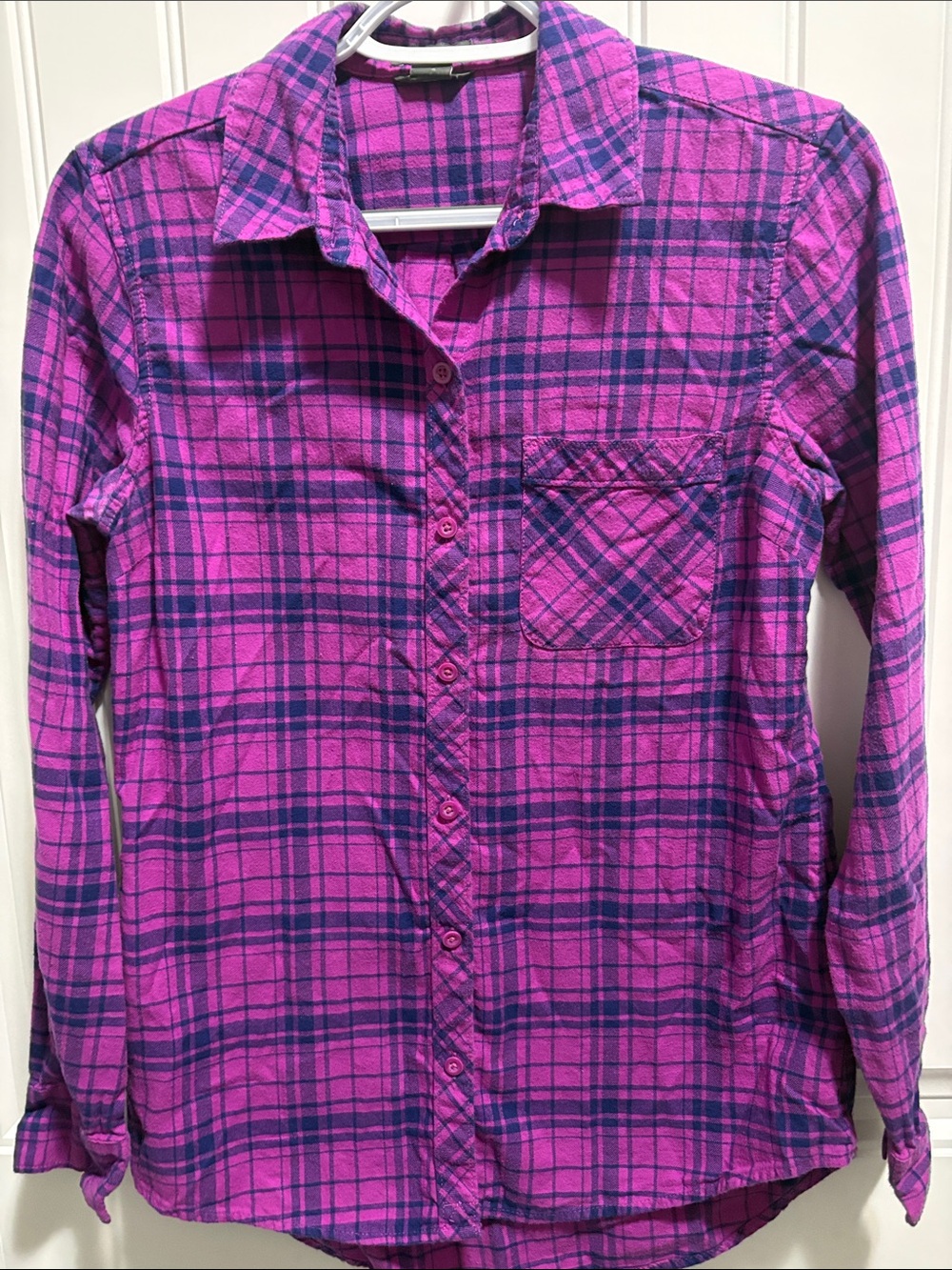 Eddie Bauer XS Pink Purple Plaid Flannel Shirt 100% Cotton